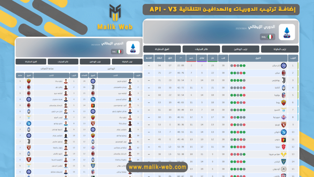 إضافة ترتيب الدوريات والهدافين ونتائج المباريات سحب تلقائي – Api